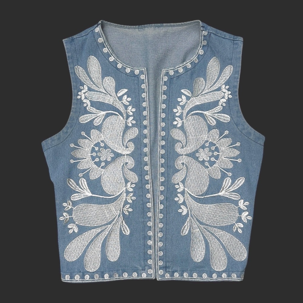 Vintage Embroidered Denim Vest Blue Floral Paisley Boho Sleeveless Open Front